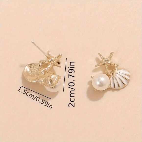 GOLD STARFISH WHITE SHELL DIAMOND PEARL EARRINGS - Picture 3 of 4